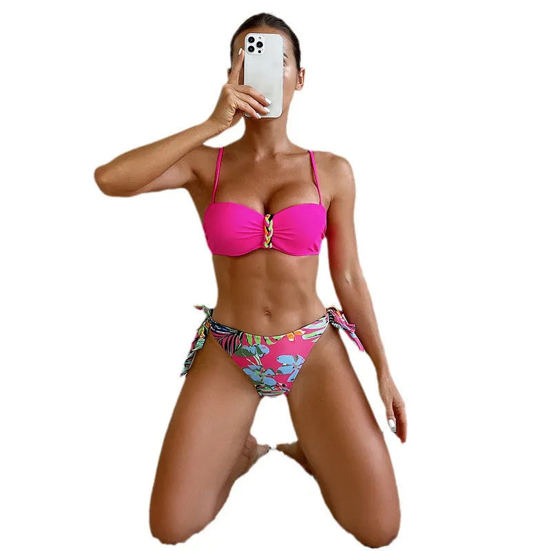 Women's rose red bikini with braided rope design for swimming