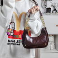 Wine red PU crescent underarm bag with chain strap and horizontal square shape for women's daily use