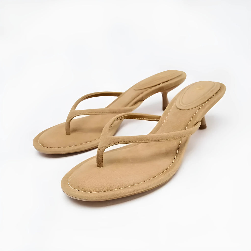 Khaki women's mid-heel sandals with a round toe and flip-toe design on a rubber sole.