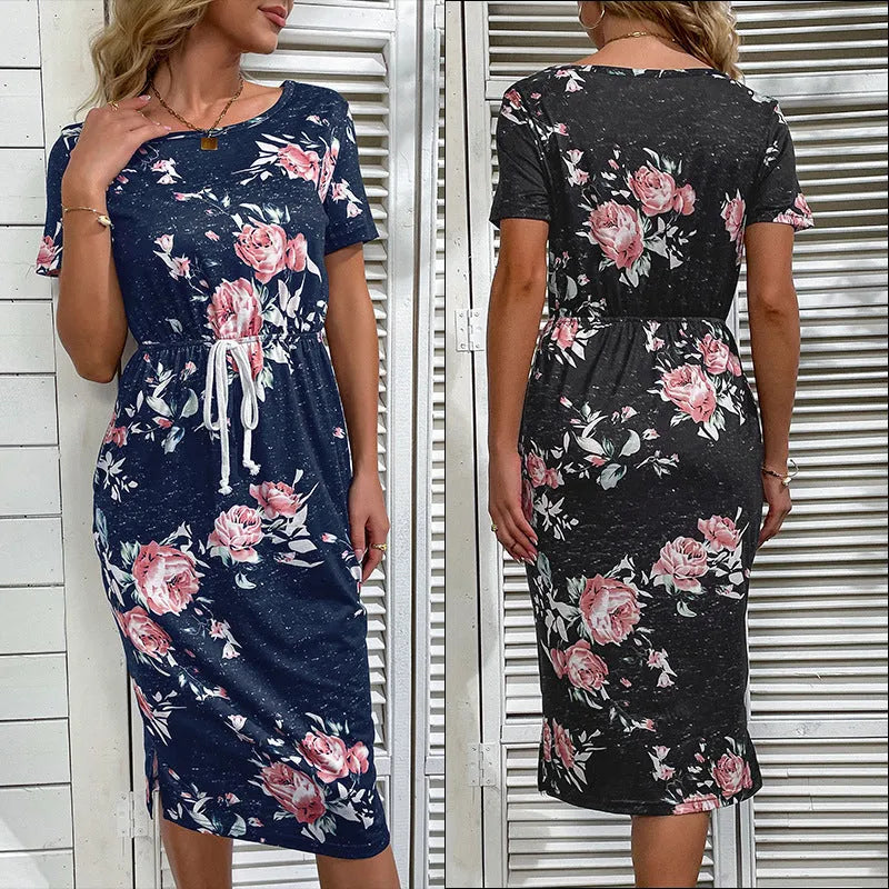 Casual women's black high waist printed dress made from polyester, front view