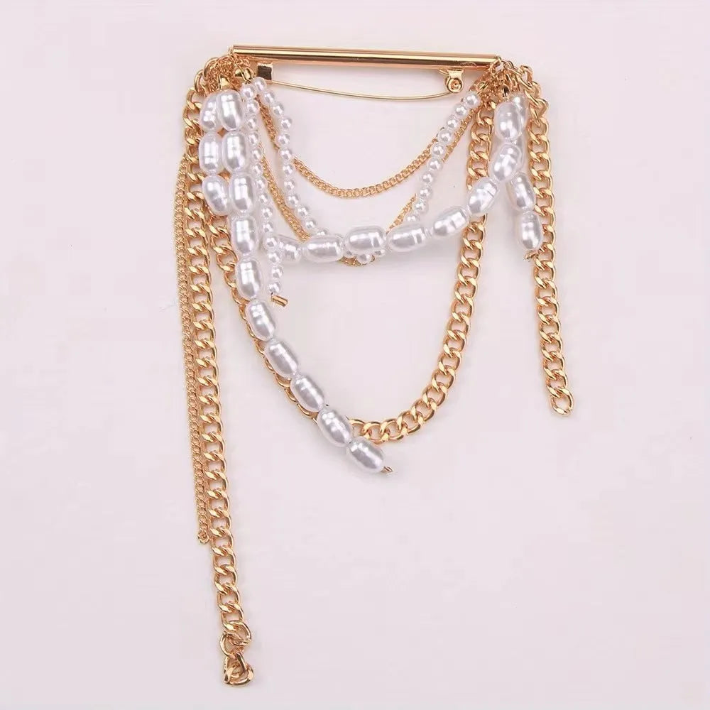 Korean style tassel pearl pin brooch with gold tassel, electroplated alloy finish