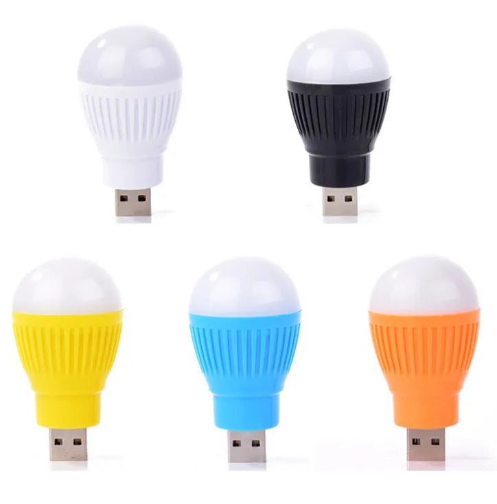 Mini USB night light with ABS plastic shade and metal lamp holder, low power LED, random colour, on desk near laptop