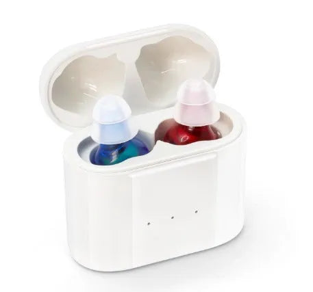 G19 silicone sound amplifier with TWS true wireless charging silo in Red Blue or Skin tone.