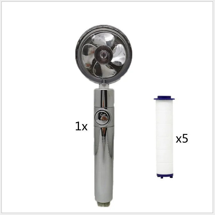 Blue handheld shower head with stop button and turbo nozzle on a chrome bracket.