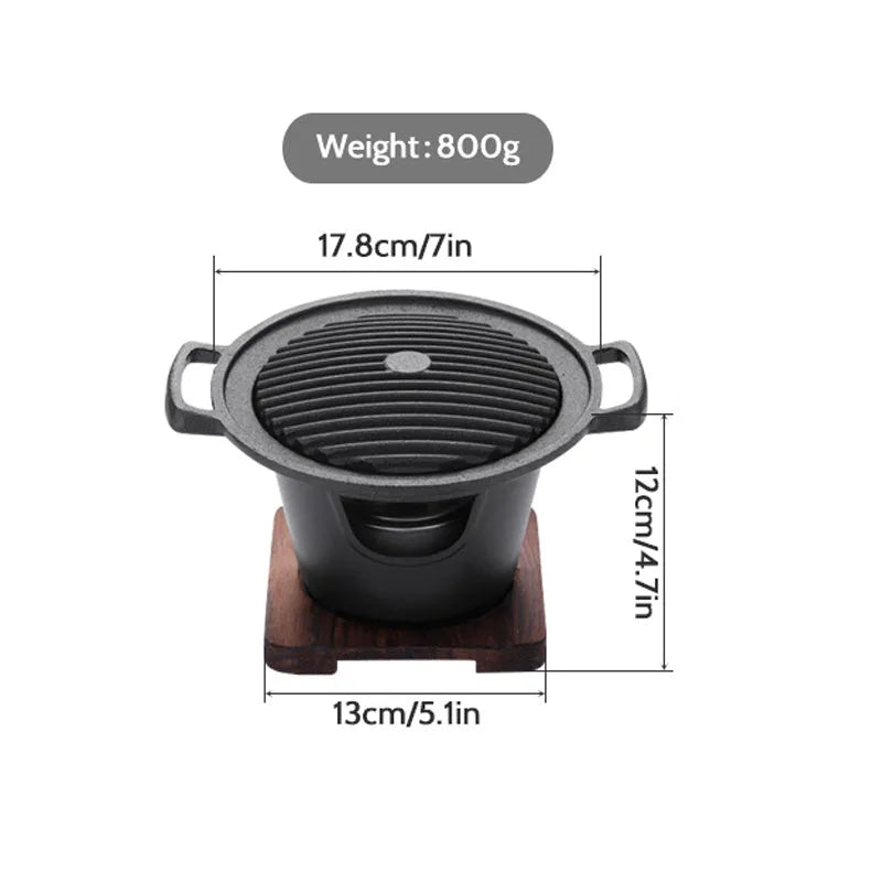 Mini BBQ grill alcohol stove double heads black 18x18x2cm on table with anti-stick plate