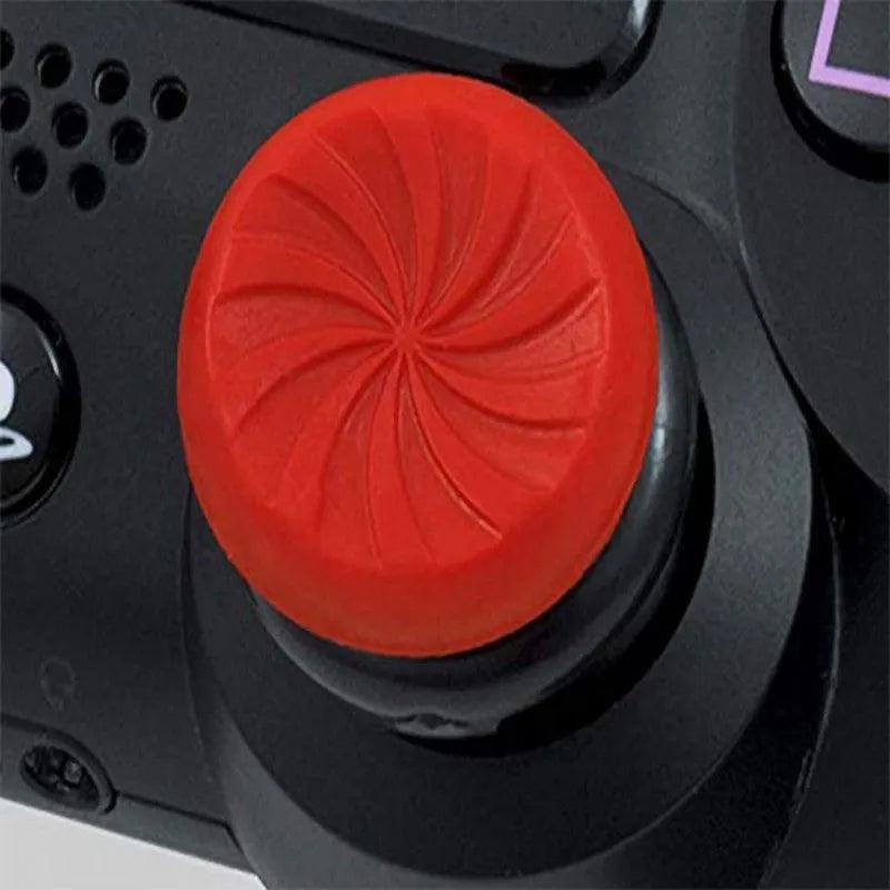 PS4 thumb grip extender caps in ABS plastic, shown in Black Red and Purple, for PlayStation 4 controller