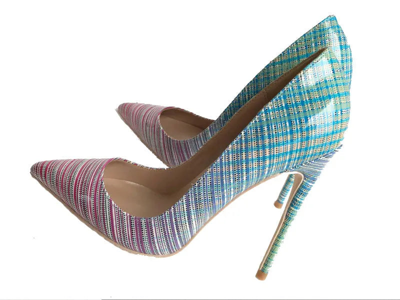 Women's pink-to-blue gradient patent leather high-heeled shoes with a pointed toe.
