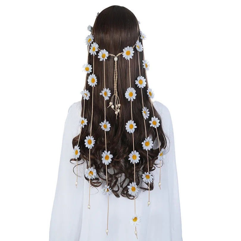 Handmade sun flower headdress garland hair band with Korean velvet and wooden beads in a bohemian style