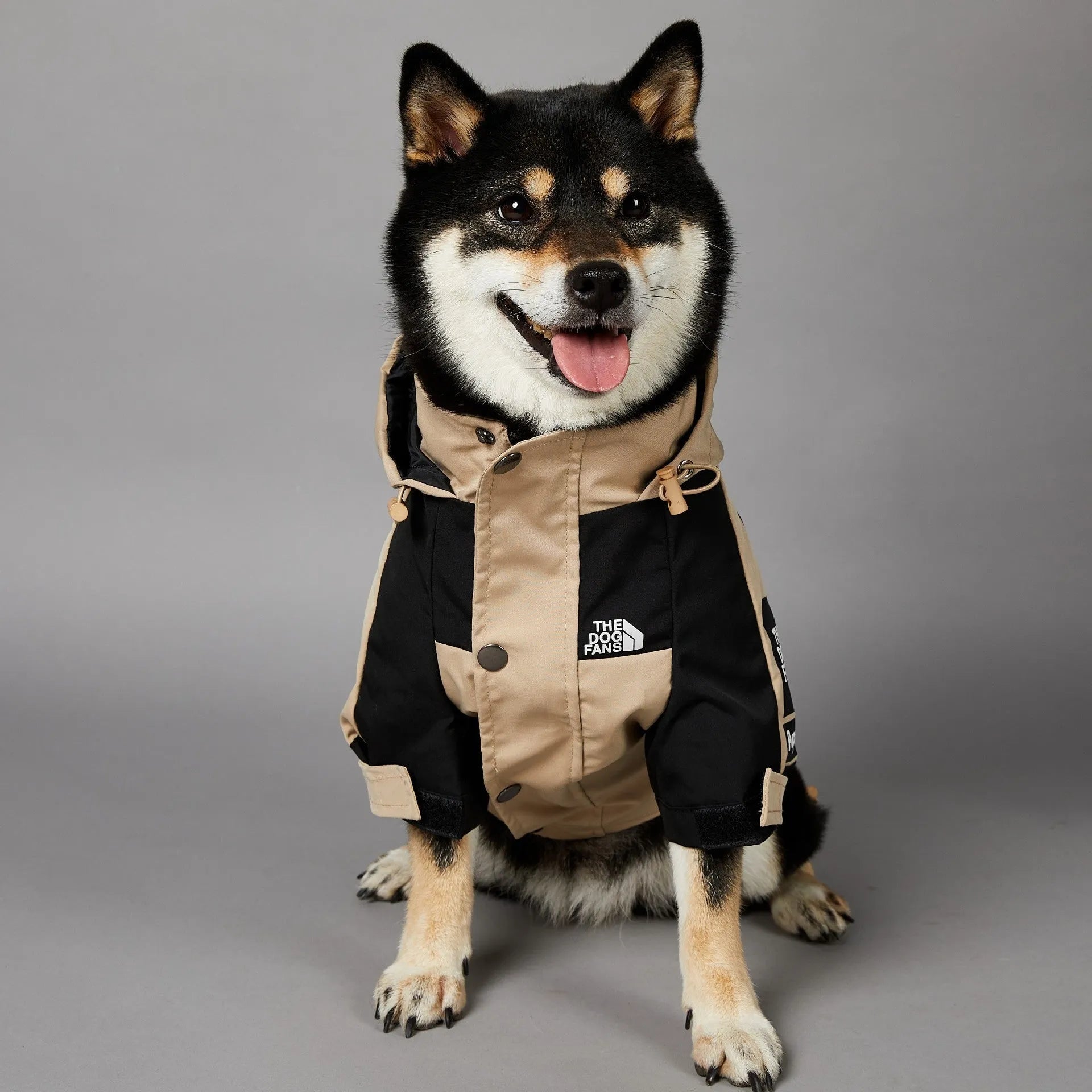 Khaki coloured polyester dog shell jacket laid flat, showing simple coat design for sizes S to 5XL.