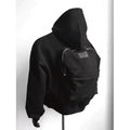 Men's grey hoodie with back schoolbag design, zip-up front and hood, polyester-cotton fabric