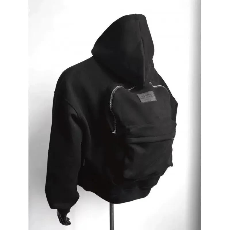 Men's grey hoodie with back schoolbag design, zip-up front and hood, polyester-cotton fabric