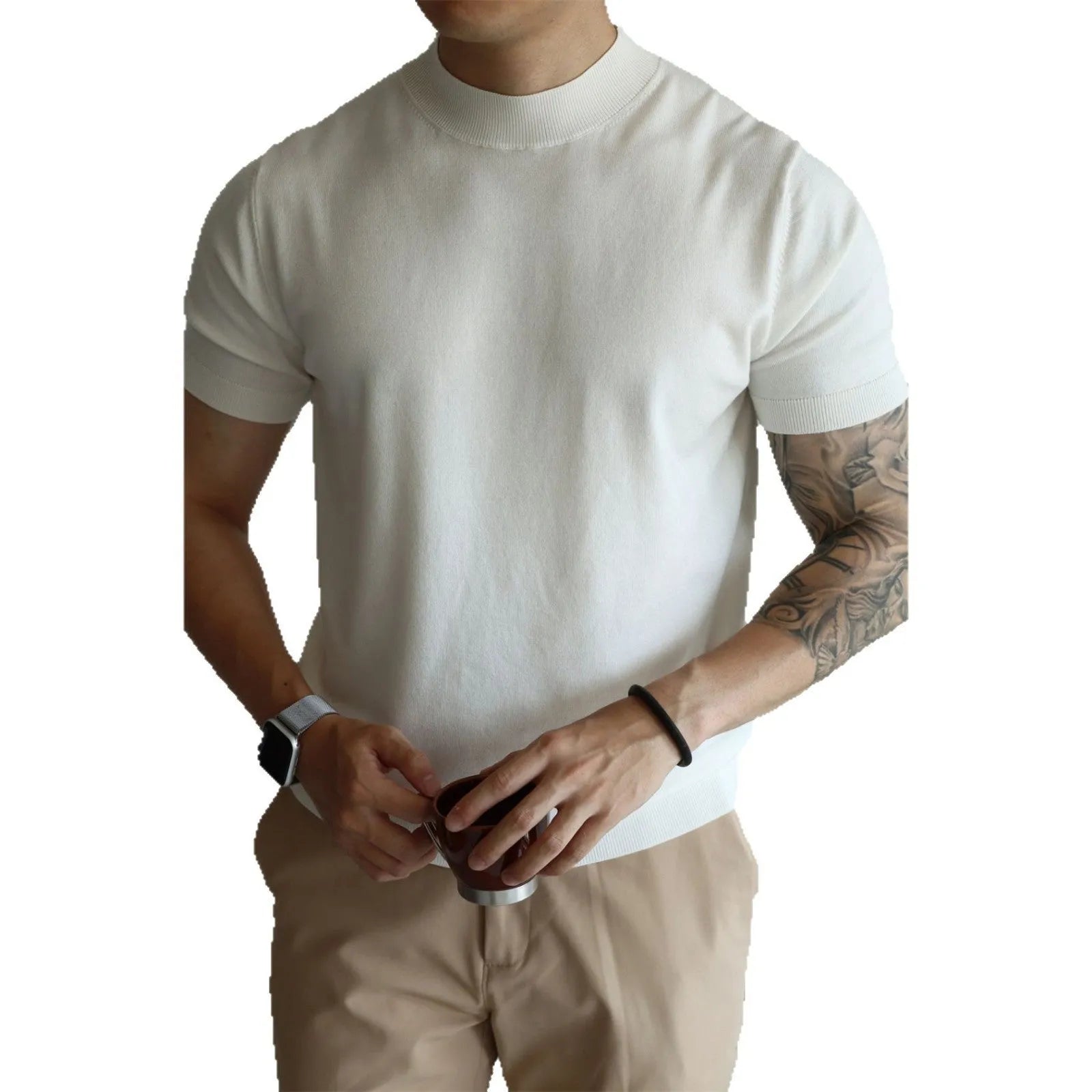 Men's slim-fit solid colour t-shirt in polyester knitwear, shown in various colours.