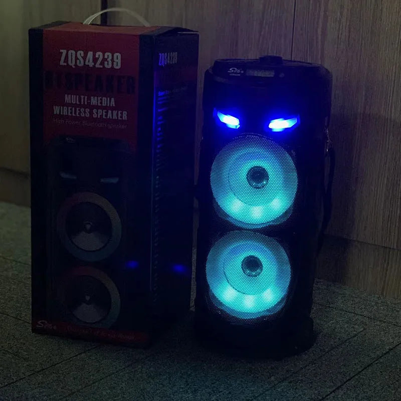 Black portable Bluetooth speaker with dual horn cannon design and USB port