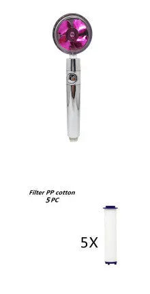 Blue handheld shower head with stop button and turbo nozzle on a chrome bracket.