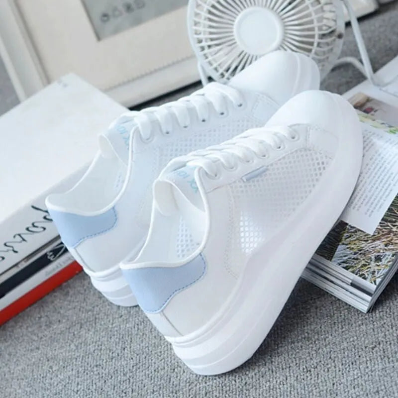 Women's casual mesh breathable sneakers, lightweight lace-up with rubber sole, available in black, light blue, pink