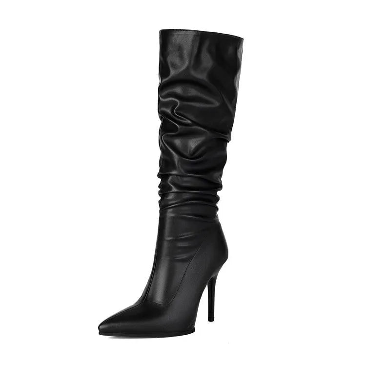 Women's glossy patent leather over-the-knee boots with chunky heel and pointed toe in black glossy colour