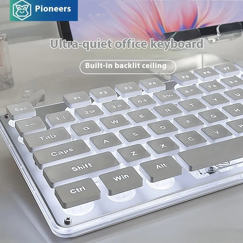 Wired quiet mechanical keyboard with backlit keys in various colour options on a desk