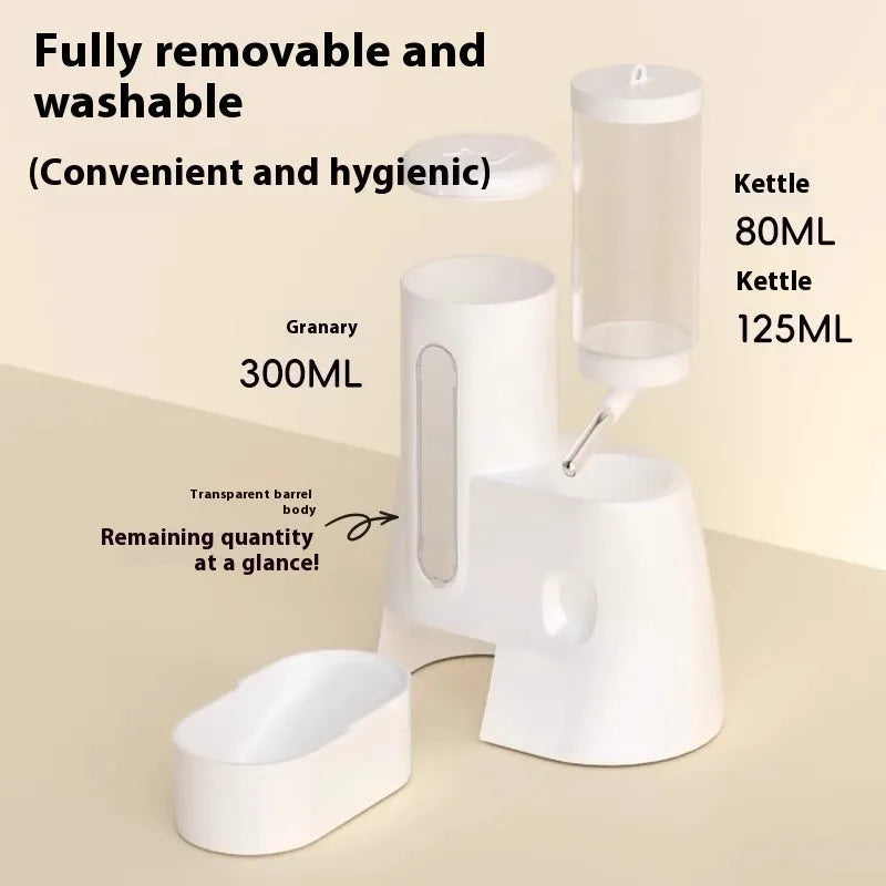 A white, blue, or pink plastic automatic water feeder and food basin for Djungarian hamsters.