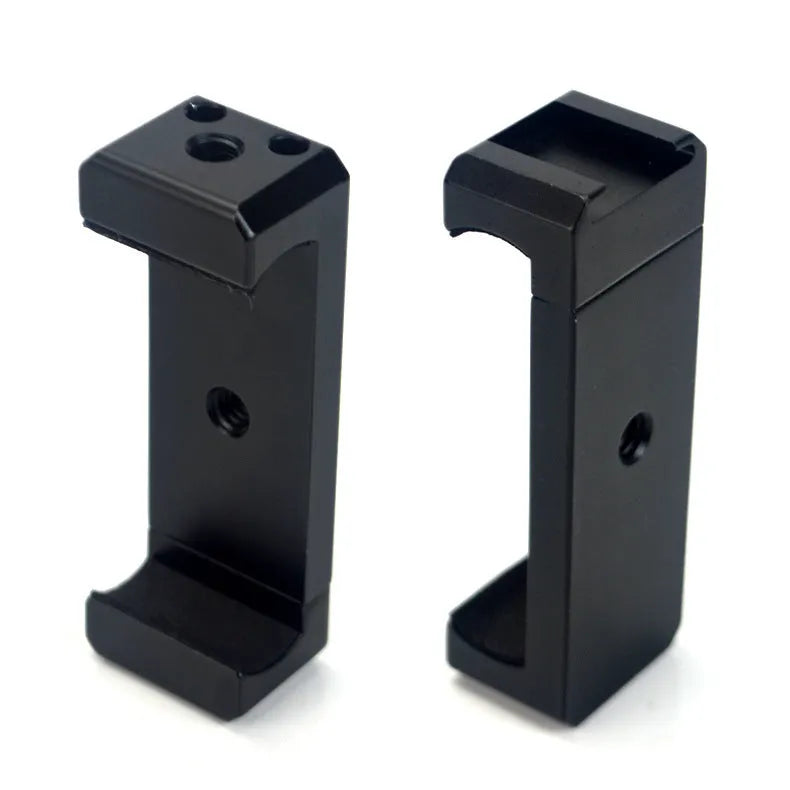 Silver aluminium bracket clip for mounting an iPhone onto a table top tripod.