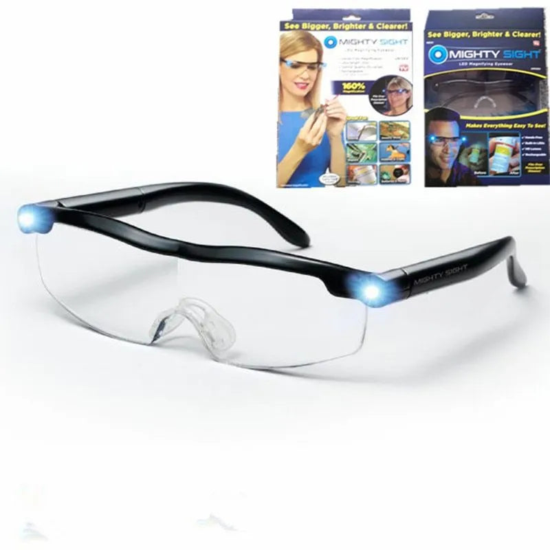 Transparent black USB LED reading glasses with ABS frame and integrated light for low-light reading