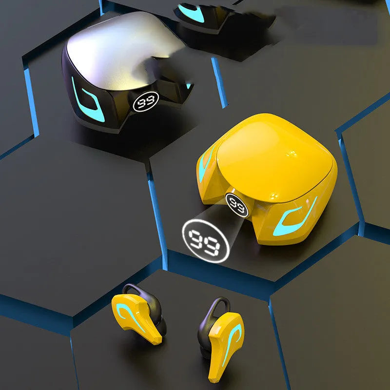 Black grey and yellow wireless gaming earplugs with Bluetooth 5.0, shown with charging case.