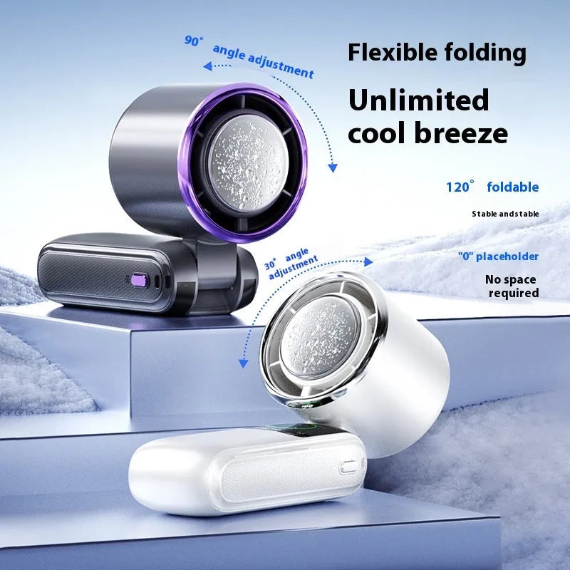 Handheld electric fan with neck strap shown in blue colour, featuring a folding design and USB port.