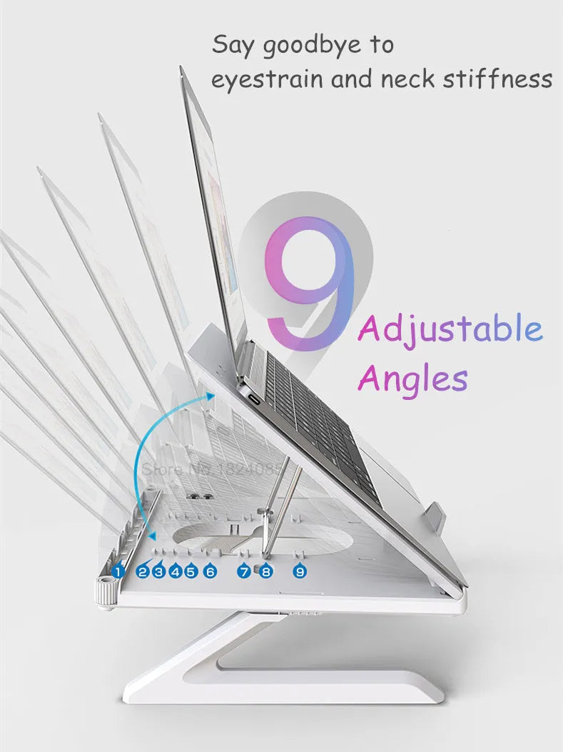 Folding laptop stand with 9 adjustable heights, anti-slip panel and phone holders, in black or white.