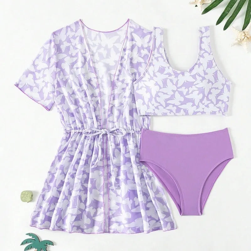 Girls' three piece split swimsuit set in colour 3218, showing coat, vest, and trousers.