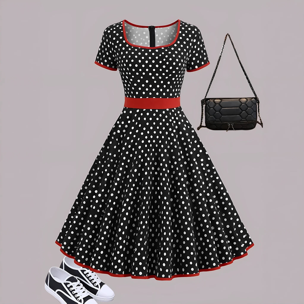 Multicolour polka dot dress with a square neckline, short sleeves, and a full pleated skirt with a back zip.