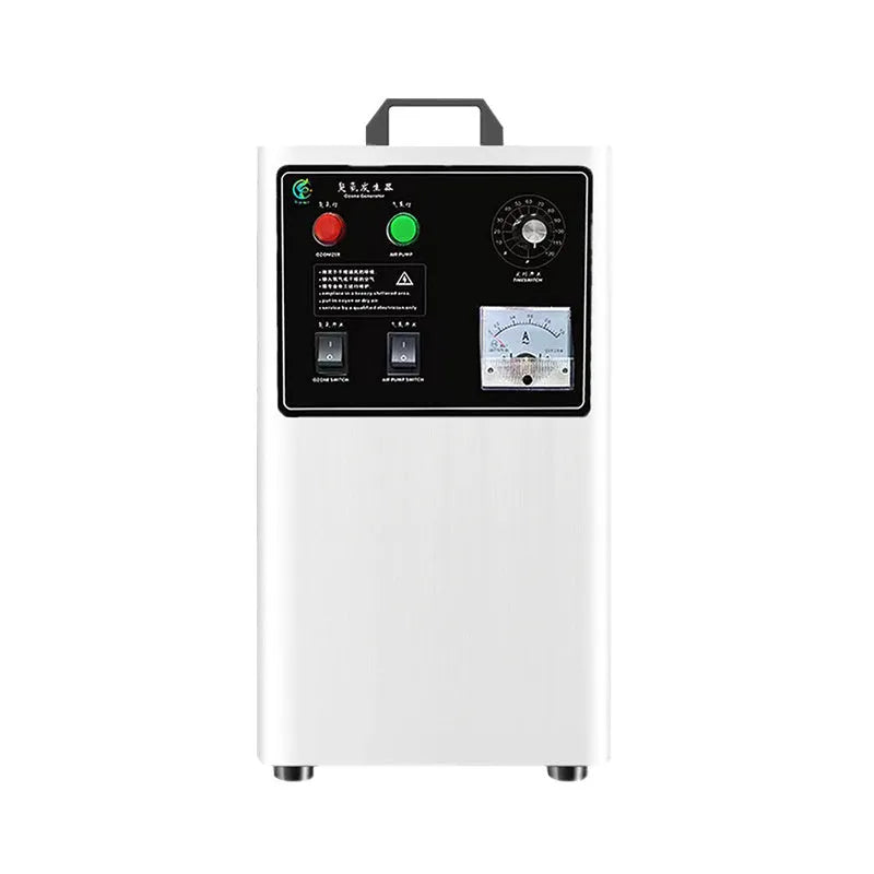 Portable ozone generator for treating fruits and vegetables, in white or stainless steel finish, with 20g per hour output.