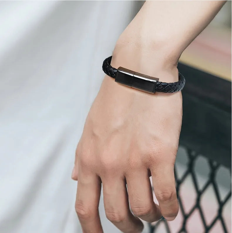 Brown double line bracelet-style charging cable with Mini USB to Micro USB connector.