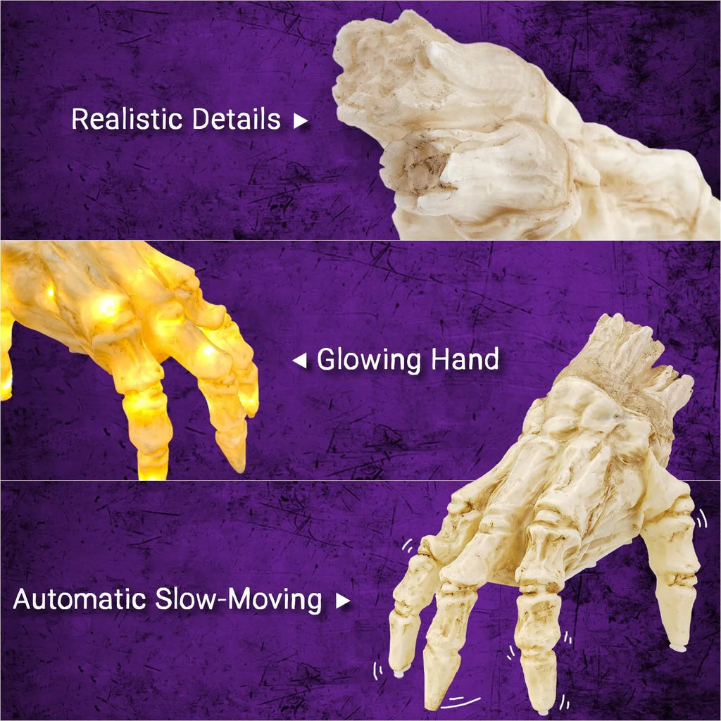 Halloween electric luminous crawling hand on floor, glowing warm colour, vinyl zombie hand with spooky sound