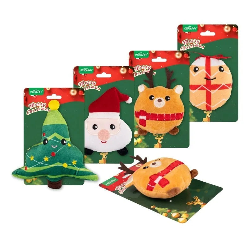Christmas cat plush toy with catnip stuffing in festive designs including Santa Claus and Christmas Tree.