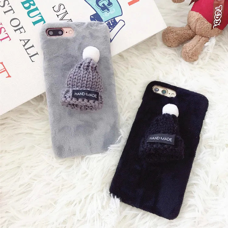 Plush animal iPhone case, half-wrapped anti-knock cover in black grey pink or red, compatible with iPhone 5 to XS Max