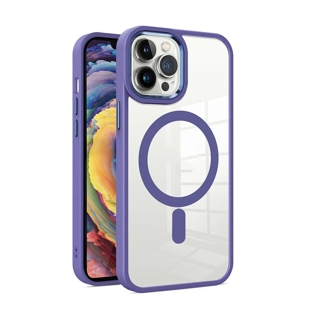 Magnetic transparent silicone phone case for iPhone on a table, showing colour options and MagSafe ring.