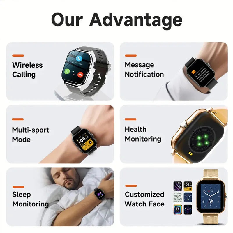 Smart watch with 1.44-inch touchscreen on a silicone strap, showing Bluetooth calling and health tracking display.