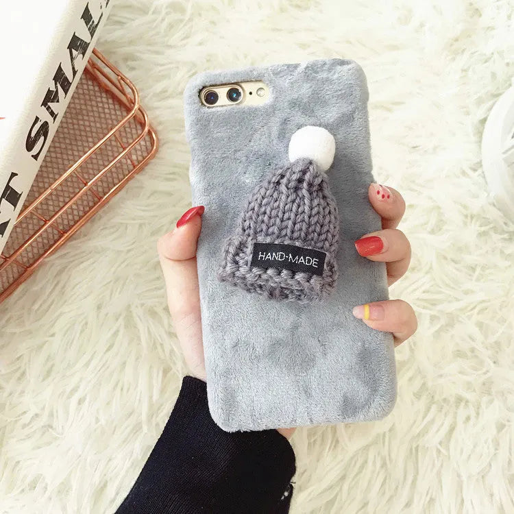 Plush animal iPhone case, half-wrapped anti-knock cover in black grey pink or red, compatible with iPhone 5 to XS Max