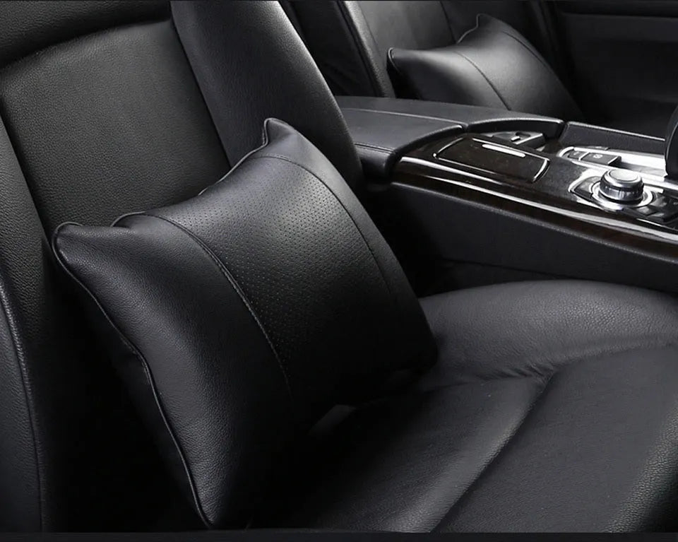 Car breathable headrest with leather surface and classic punched ventilation pattern in beige