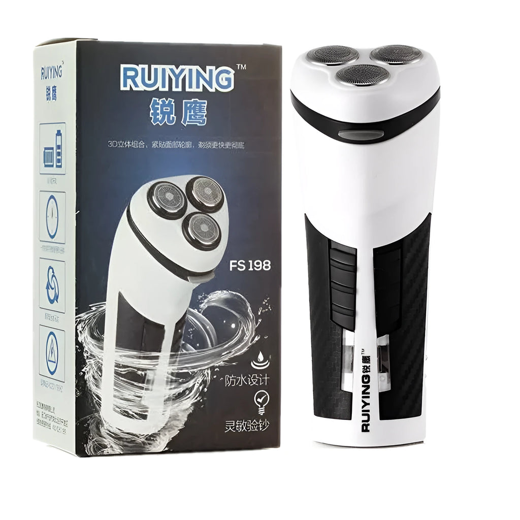 Black compact travel electric shaver with protective cap on a white background