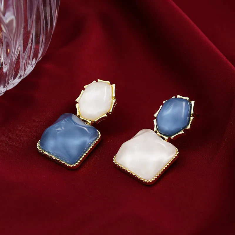 Contrast colour water ripple geometric square earrings in electroplated alloy, Korean style for women