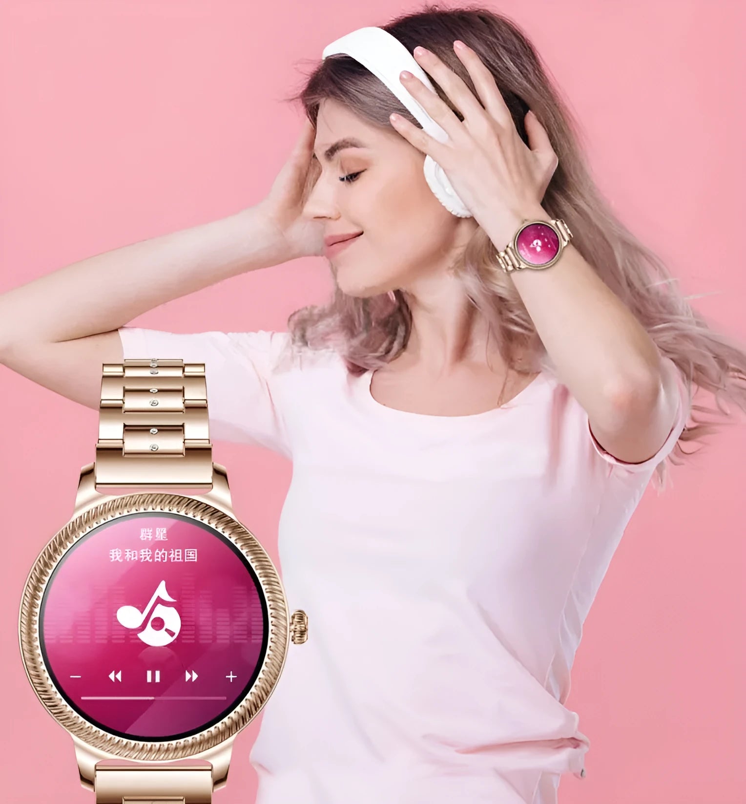AK38 ladies smart watch with stainless steel Milanese mesh band and 1.09-inch colour screen displaying time.