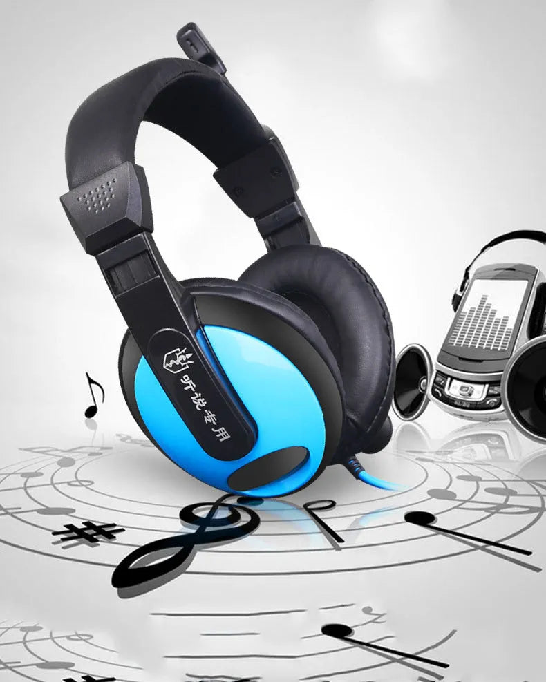 Blue wired gaming headset with 40mm speakers, omnidirectional microphone, and 3.5mm plug on a 1.8m cable.