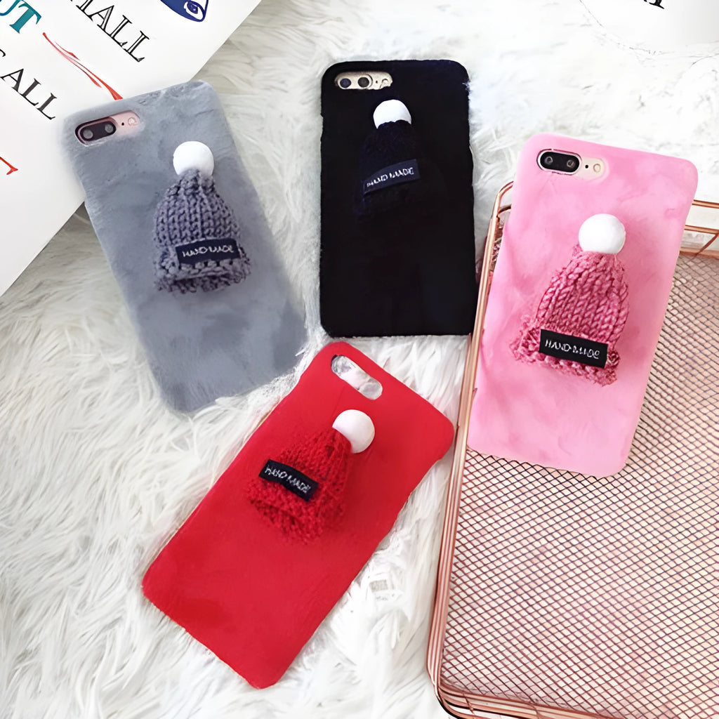 Plush animal iPhone case, half-wrapped anti-knock cover in black grey pink or red, compatible with iPhone 5 to XS Max