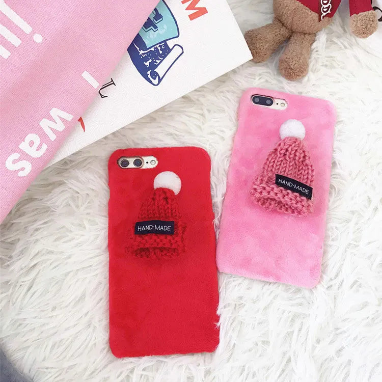 Plush animal iPhone case, half-wrapped anti-knock cover in black grey pink or red, compatible with iPhone 5 to XS Max