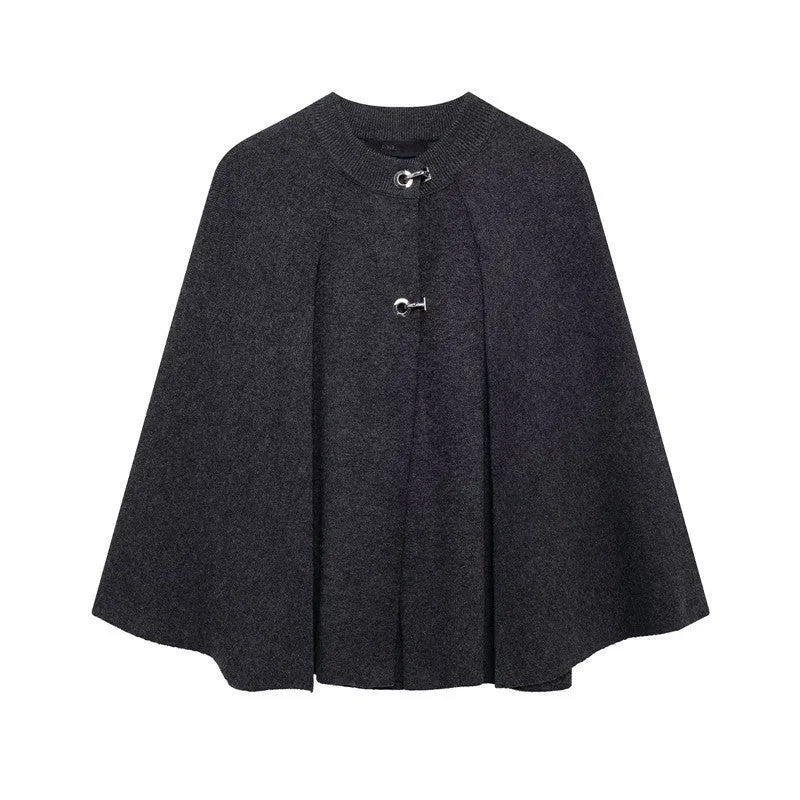Cape round neck long sleeve knitted sweater coat in solid colour, front view, cardigan style