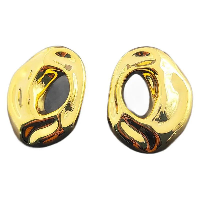 Retro metal geometric irregular ring ear studs in gold and silver for women