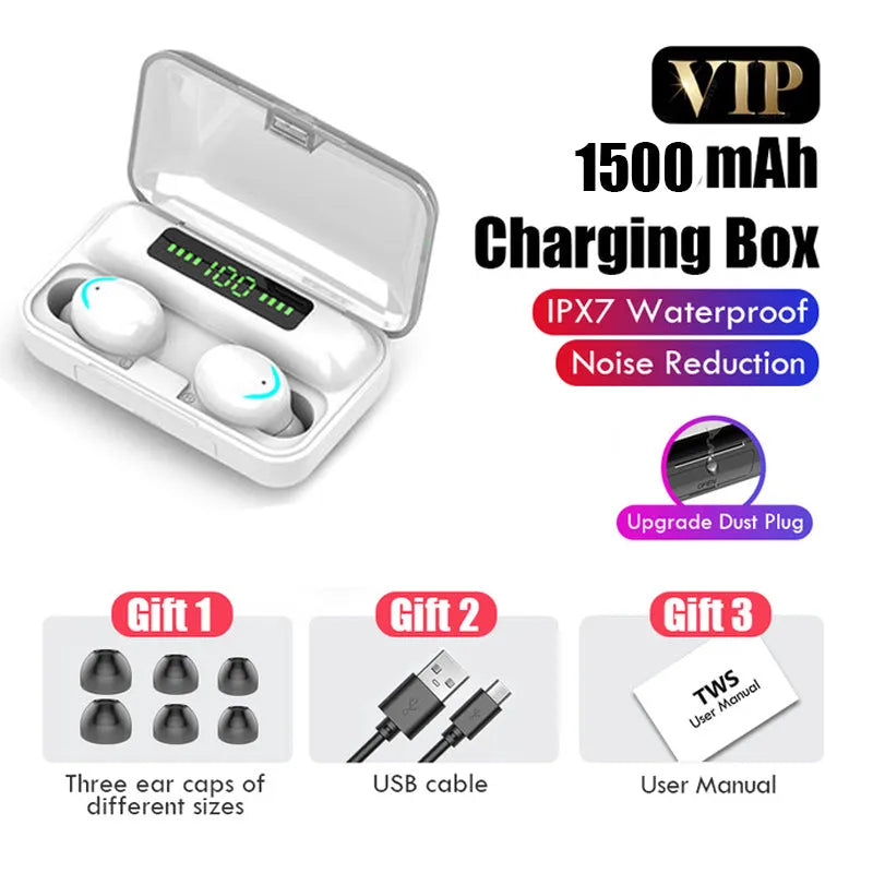 Black in-ear wireless Bluetooth earbuds in a charging case with LED battery display