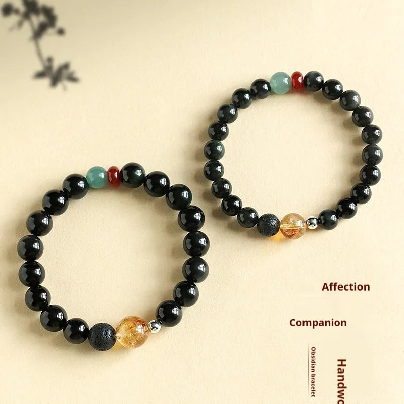 Chinese style obsidian agate jade crystal couple bracelet with 8mm or 10mm natural stone beads