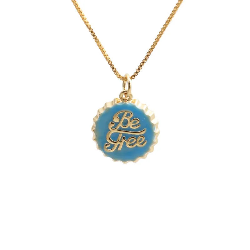 Copper Be Free bottle cap pendant necklace with a 40cm box chain in a selected electroplated colour.