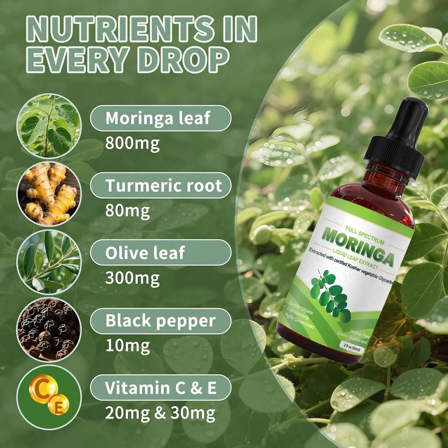 Bottle of organic moringa leaf extract drops 60ml with dropper on white background